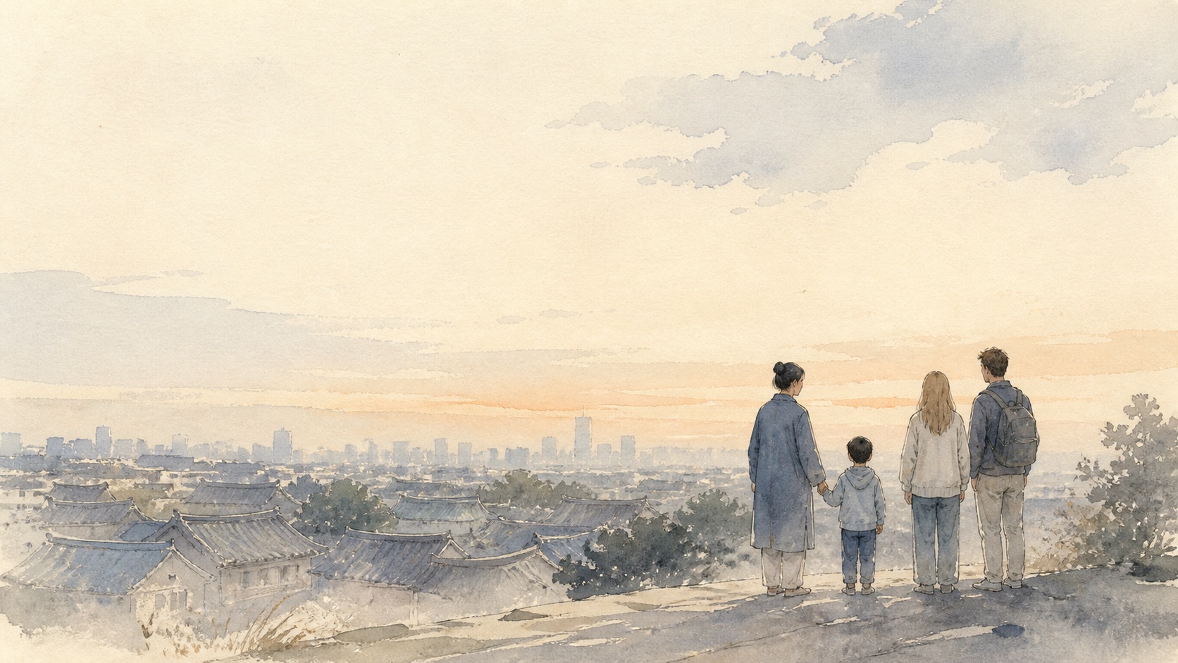 A watercolour view of a family and their Beijing host looking across the city at sunset