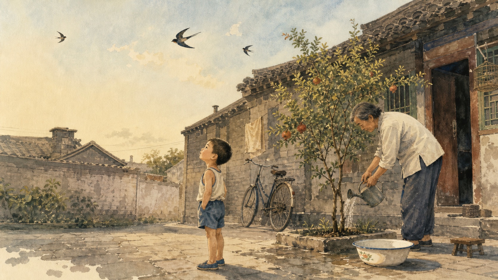A watercolour memory of a child and an elder in a Beijing courtyard