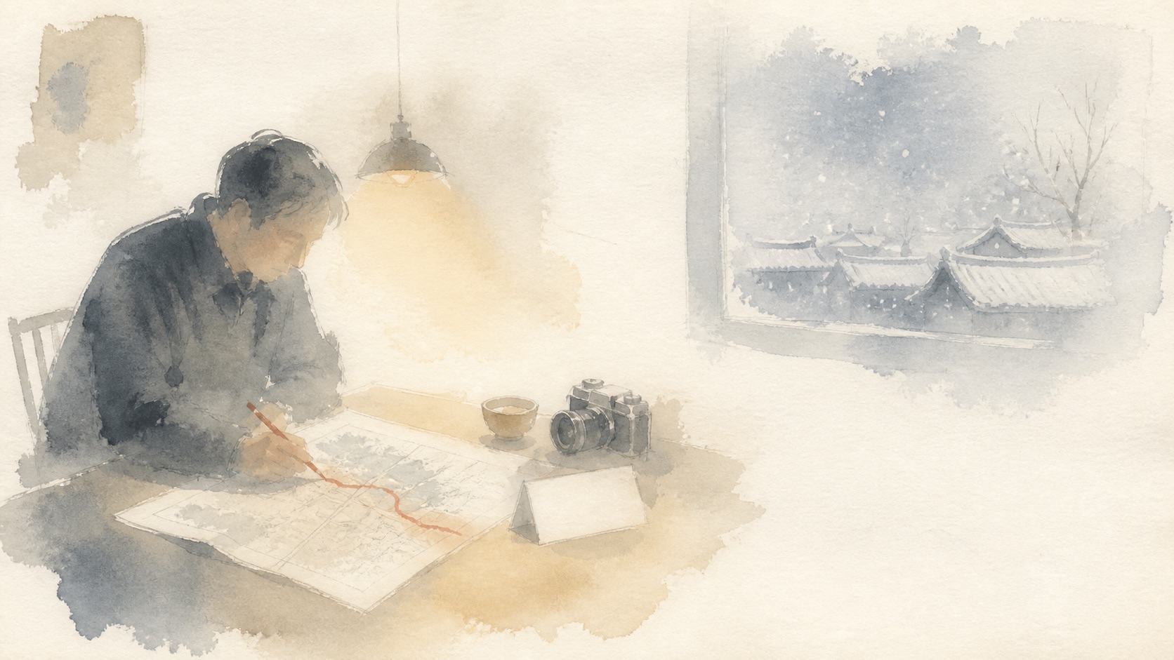 A watercolour scene of a Beijing host planning a personal route at night